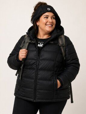 Active Zone Women's Down Coat Black Quilted Removable Hood Zip Pockets 3XL